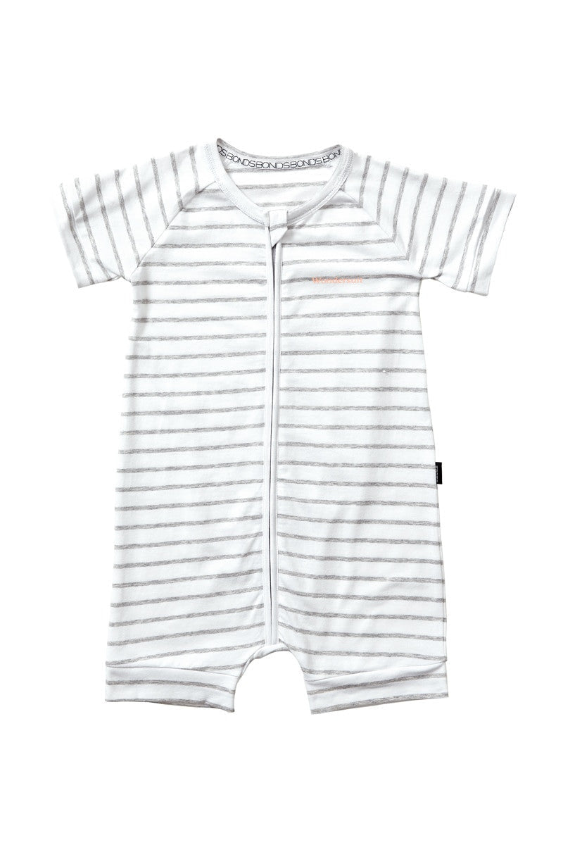 bonds short sleeve zip wondersuit romper - new grey marle & white stripe